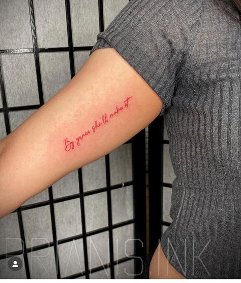 Red Forarm Tattoos For Women, Inner Bicep Tattoo Black Women, Red Bicep Tattoo Women, Red Rib Tattoo, Red Text Tattoo, Red Writing Tattoo, Red Ink Tattoos On Black People, Small Text Tattoo, Inner Bicep Tattoo