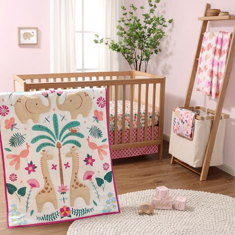 PRICES MAY VARY. Cute Safari Girl Baby Crib Set – Create your dream safari themed nursery with this absolutely irresistible 5 piece baby bedding collection including a comforter, velour baby blanket, 2 fitted crib sheets, and crib dust ruffle. All 5 pieces are machine washable for easy care. Reversible Crib Comforter - Generously sized 32" x 41" soft and cozy comforter features a botanical motif with playful elephant, monkey, and peacock. The reverse side coordinates perfectly with the crib shee Safari Bedding, Baby Crib Sets, Crib Comforter, Safari Theme Nursery, Baby Crib Bedding Sets, Baby Crib Sheets, Baby Sheets, Safari Nursery Decor