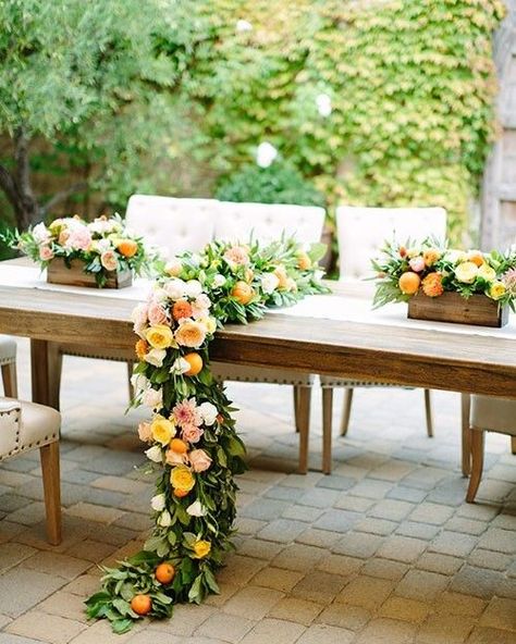 21 Ways to Use Citrus in Every Element of Your Wedding #WeddingInspiration #CitrusWedding #BrightWeddingColors #WeddingIdeas | Martha Stewart Weddings Lemon Themed Wedding, California Desert Wedding, Lemon Centerpieces, Unique Wedding Centerpieces, Fruit Table, Flower Runner, Bright Wedding Colors, Fruit Wedding, Citrus Wedding