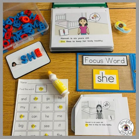 Special Education Teacher | Focus word of the week…she    My students love hands-on activities and especially LOVE using dot markers. Here are some activities that we… | Instagram Hands On Activities For Special Education, Special Education Reading Activities, Adaptive Teaching, Classroom Center Organization, Unique Learning System, Special Education Classroom Setup, Focus Word, Special Education Reading, Asd Classroom