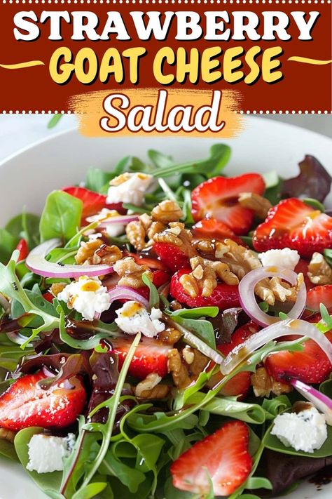 This strawberry goat cheese salad is bursting with color and flavor! It's sweet, savory, and has the perfect balance of wonderful textures. Strawberry Goat Cheese Salad, Strawberry Goat Cheese, Balsamic Salad, Creamy Balsamic Dressing, Easy Meal Prep Lunches, Salad With Balsamic Dressing, Summer Salads With Fruit, Balsamic Dressing, Strawberry Salad