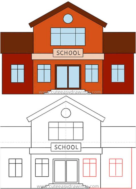 School Simple Drawing, Simple School Drawing, School Easy Drawing, School Drawing Building, My School Drawing, School Drawing Easy, School Drawing Ideas, Classroom Drawing, Fire Truck Drawing