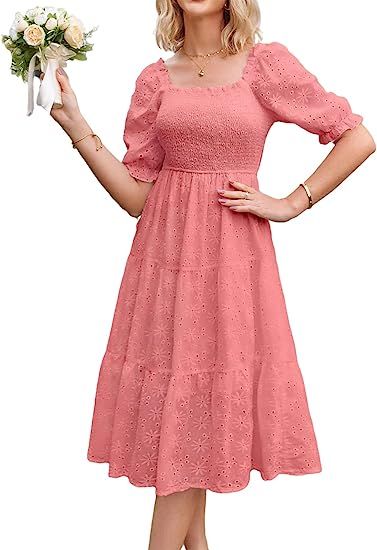 Sissyaki Women's Summer Boho Floral Print Midi Dress Square Neck Tiered Flowy Beach Long Dress - pink color - Small, Medium, Large, X-Large - 100% Cotton - soft, breathable, comfortable Flowy Beach Skirt, One Piece Dress Knee Length, Fitted Pencil Dress, Midi Dress Elegant, Elegant Midi Dresses, Long Beach Dress, Dress Knee Length, Floral Dresses Long, Beach Skirt