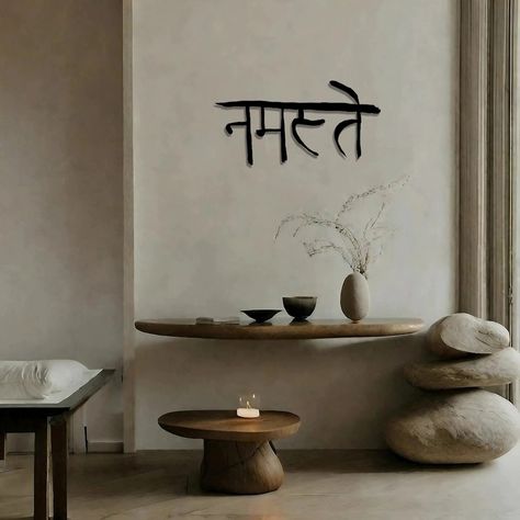 Buy Sanskrit Namaste Metal Wall Sign Namaste Metal Wall Art online on Etsy India. Shop for handmade, vintage and unique Wall Hangings items from PujuDesign online on Etsy Spiritual Entryway Decor, Buddha Display Home Decor, Namaste Wall Art, Spiritual Wall Decor Ideas, Hindu Home Decor, Yoga Studio Entrance, Zen Foyer, Om Aesthetic, Buddhism Aesthetic