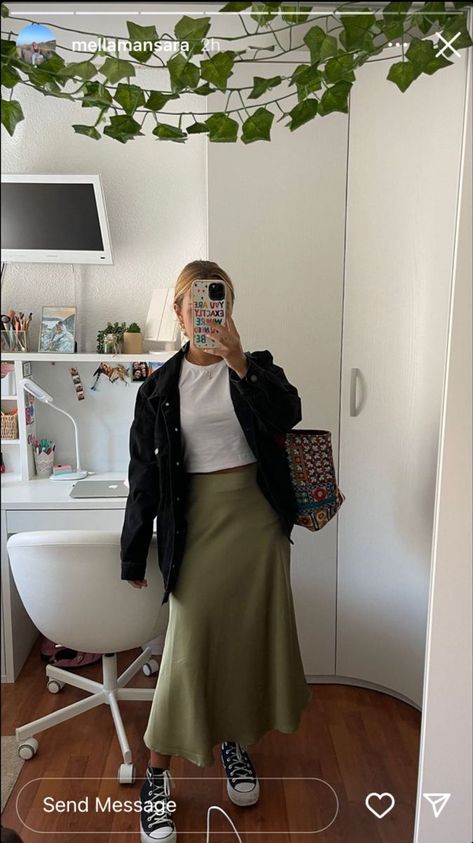 Green Silk Midi Skirt, Green Midi Skirt Outfit Fall, Midi Skirt Modest Outfit, Silk Long Skirts Outfit, Silky Green Skirt Outfit, Sage Green Silk Skirt Outfit, Green Maxi Skirt Outfit Fall, How To Style A Midi Skirt In Winter, Outfit Ideas With Green Skirt