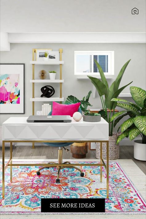 An eclectic home office with hot pinks and lush greens. Eclectic Glam Decor, Bold Office Design, Teal Office Decor, Pink And Teal Bedroom, Eclectic Home Office, College Living Room Decor, Pink Office Decor, Eclectic Glam, Lots Of Plants