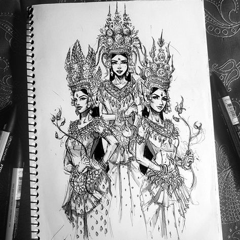 Apsara Tattoo, Ankor Watt, Khmer Tattoo, Khmer Empire, Be Productive, Thai Art, Pencil Art Drawings, Body Tattoos, Drawing Tips