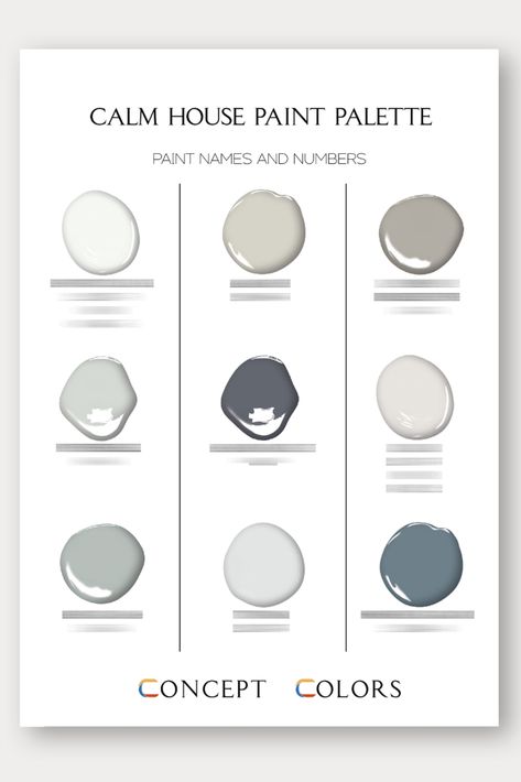 Bm Calm Paint Color, Bm Calm, Benjamin Moore Calm, Farmhouse Palette, Calm House, Whole House Paint Colors, House Paint Palette, Farmhouse Color Palette, Farmhouse Color Scheme