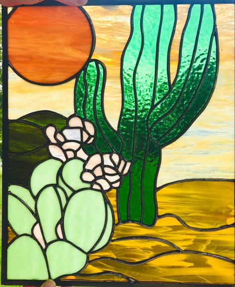 Stain Glass Art, Stained Glass Cactus, Howling Coyote, Fox Den, Glass Cactus, Stone Art Painting, Tiffany Stained Glass, Stained Glass Ornaments, Southwest Desert