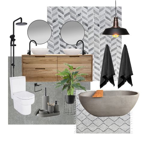 Industrial Bathroom Neutral Bathrooms Designs, Modern Industrial Bathroom, Bathroom Moodboard, Board Presentation, Bathroom Mood Board, Industrial Bathroom Design, Organic Bathroom, Interior Design Bathroom, Mood Board Interior