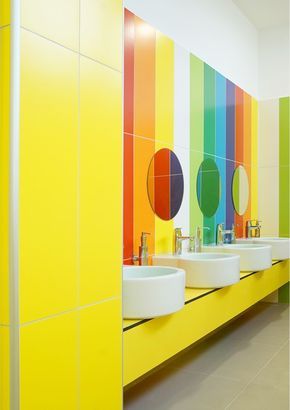 Kindergarten Bathroom Ideas, Ludoteca Infantil Ideas, Kindergarten Design Ideas, Color Kindergarten, Kragujevac Serbia, Kindergarten Interior, Preschool Designs, Kids Toilet, School Building Design