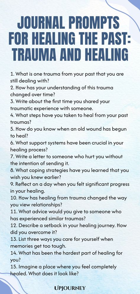 Explore a collection of powerful journal prompts designed to guide you on your healing journey for trauma and past wounds. Use these prompts to reflect, heal, and move forward towards a place of peace and empowerment. Embrace the power of journaling as a tool for self-discovery and emotional healing. Allow these prompts to gently support you as you navigate through your past experiences and embark on a path towards healing. Take the first step towards acknowledging, processing, and ultimately re Questions For Healing, Journal Prompts For Healing, Prompts For Healing, Work Etiquette, Psychology Terms, Relationship Quizzes, Journal Questions, Happiness Journal, Friendship And Dating