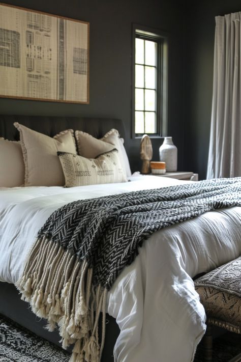 Gray Bedroom design Charcoal Grey Bedroom Ideas, Charcoal Grey Bedroom, Black Grey Bedroom Ideas, Black Grey Bedroom, Timeless Bedroom Ideas, Black And Grey Bedroom Ideas, Charcoal Grey Bedrooms, Grey Patterned Curtains, Bedroom Ideas Men