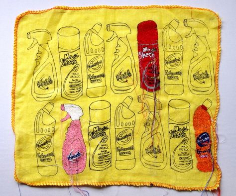 Mary Hall - Domestic chores. Textile Art. Screen print and Stitched duster. Screen Print And Embroidery, Funky Textile Prints, Textile Screen Printing, Objects Textiles, Screen Printed Textiles, A Level Textiles, Ethereal Art, Weird Art, Soft Sculpture