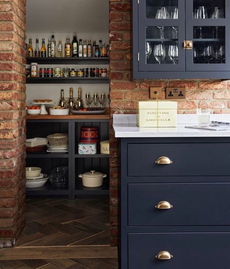 Larder, exposes brick, blue kitchen Under Stairs Pantry, Kitchen Renovation Inspiration, Clever Kitchen Storage, Navy Kitchen, Hidden Kitchen, Brick Kitchen, Dark Kitchen, Brick Walls, Dark Kitchen Cabinets