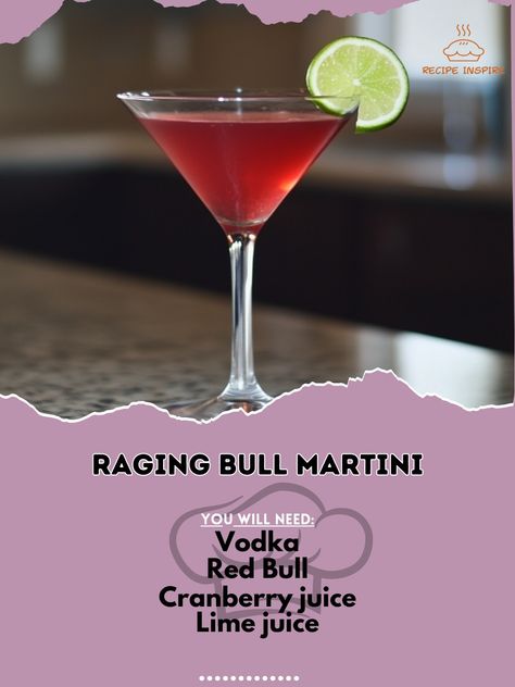 🐂 Raging Bull Martini: Powerful flavors in every sip! 🐂🍸 #RagingBull #MartiniMagic Raging Bull Martini Ingredients: Vodka (2 oz) Red Bull (1 oz) Cranberry juice (1 oz) Lime juice (1/2 oz) Instructions: Combine vodka, Red Bull, cranberry juice, and lime juice in a shaker. Shake well and strain into a martini glass. Garnish with a lime twist. 🐂 Unleash the power with a Raging Bull Martini! 🐂🍸 #BoldFlavors #MartiniTime Tini Birthday, Vodka Red Bull, Fruity Rum Drinks, Well Drinks, Bartending 101, Romantic Drinks, Vodka Red, Martini Ingredients, Hey Bartender