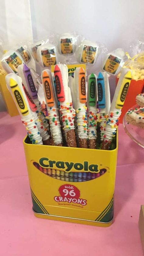 Crayons Birthday Party, Color Crayon Birthday Party, Crayola Birthday Party Ideas, Crayola Party Favors, Crayola Birthday Party Outfit, Coloring Theme Birthday Party, Crayola Birthday Party Cake, Crayola Graduation Theme, School Theme Birthday Party