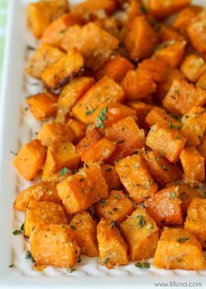 Baked Parmesan Sweet Potatoes - my new favorite side dish recipe. Takes minutes to make and tastes AMAZING!! Baked Sweet Potato Cubes, Parmesan Sweet Potatoes, Potato Dinners, Oven Potatoes, Potato Oven, Roasted Sweet Potato Cubes, Potato Baked, Salad Potato, Best Sweet Potato