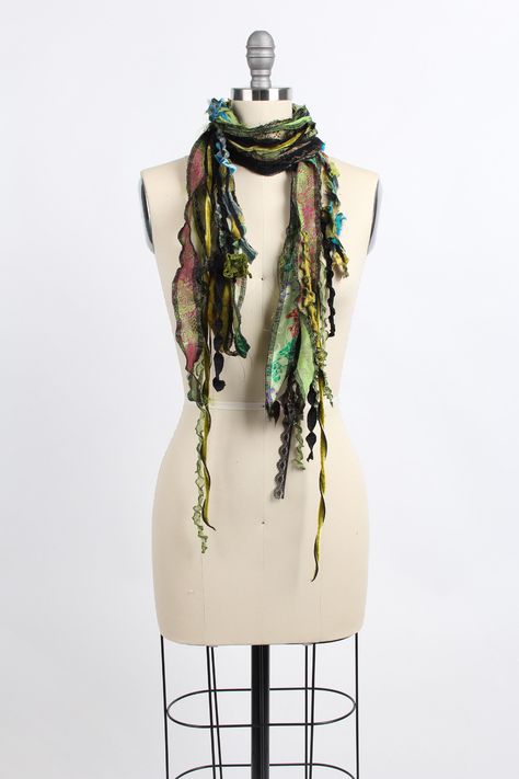 Scrapplique Scarf by Giselle Shepatin (Woven Scarf) | Artful Home Fiber Art Jewelry, Wet Felting Projects, Sari Ribbon, Woven Scarf, Jane Clothing, Art Scarves, Boho Scarfs, Woven Scarves, Fiber Jewelry