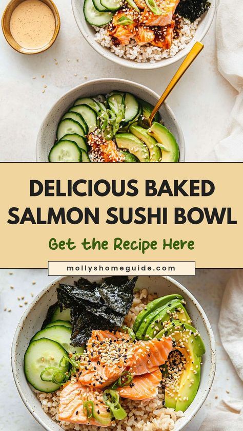 Indulge in a flavorful and healthy meal with this delicious baked salmon sushi bowl recipe. Packed with fresh ingredients and bold flavors, this dish is perfect for lunch or dinner. The combination of tender baked salmon, savory rice, crunchy veggies and tangy dressing creates a satisfying meal that will leave you feeling nourished and satisfied. Whether you're a sushi lover or just looking to try something new, this baked salmon sushi bowl is sure to become a favorite in your household. Salmon Rice Bowl Recipes, Salmon And Rice Recipes, Salmon Sushi Bowl Recipe, Baked Salmon Sushi, Salmon Sushi Recipes, Best Baked Salmon, Salmon Sushi Bowl, Salmon Sushi Bake, Salmon Poke Bowl