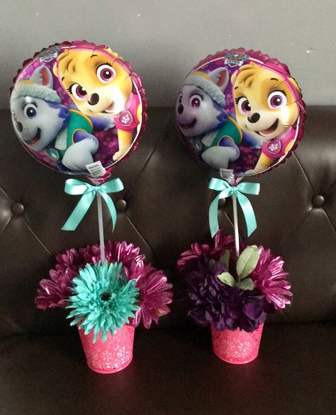 Paw Patrol Centerpiece Ideas Diy, Paw Patrol Table Centerpieces, Paw Patrol Centerpiece Ideas, Paw Patrol Centerpieces, Skye Birthday Party Paw Patrol, Skye Birthday Party, Paw Patrol Centerpiece, Sky Paw Patrol, 3 Birthday