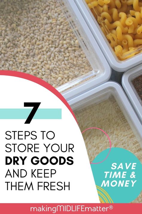 Stockpiling your dry, pantry goods are a great way to save money and time but only if you store your dry goods properly. Here are 7 tips to keep your dry goods fresh and ready whenever you need them. Dry Ingredient Storage, Dry Pantry, Dry Goods Storage, Preserving Foods, Dry Rice, Way To Save Money, Dry Food Storage, Pantry Ideas, Free Meal Plans