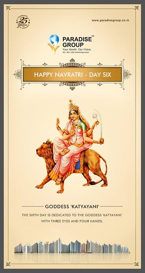 Day 6 Goddess Katyayni The 6th Day is dedicated to the Goddess Katyayni with three eyes and four hands. www.paradisegroup.co.in Navratri Devi, Navratri Devi Images, Nav Durga, Navratri Recipes, Devi Images, Three Eyes, Diy Crafts Life Hacks, Graphic Design Flyer, Ganesha Pictures