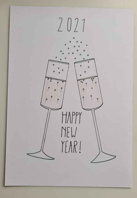 New Years Sketch, New Years Eve Cards Handmade, New Years Eve Drawing, New Year Cards For Kids, New Year Cards Diy, New Year Card Drawing, Happy New Year Card Diy, New Year Cards Handmade, New Years Cards