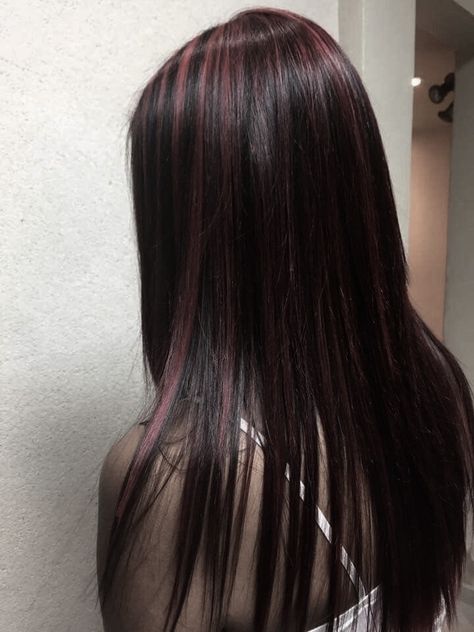 Dark Red Character, Red Pink Highlights In Brown Hair, Abby Littman Aesthetic, Pink Underlayer Hair, Strands Of Hair Dyed, Black And Dark Red Hair, Abby Aesthetic, Abby Littman, Pink Hair Highlights