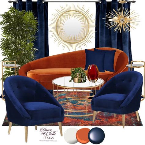 Blue Sofa Orange, Blue And Orange Aesthetic Room Decor, Navy Blue And Orange Living Room Decorating Ideas, Mustard Rust Blue Living Room, Orange Color Palettes Living Room, Orange Sitting Room Ideas, Navy Blue Orange Living Room, Burnt Orange Sofa Decor, Navy Blue And Burnt Orange Living Room