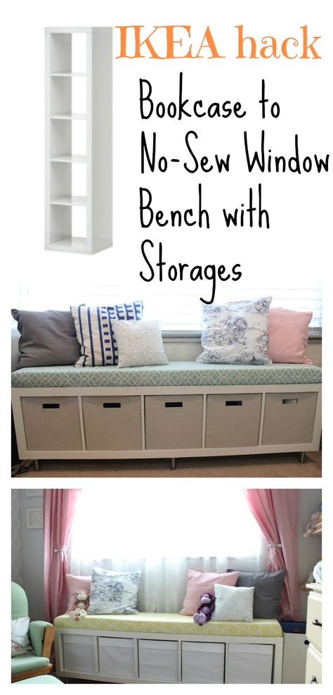 Bookcase to No-Sew Window Bench with Storages – IKEA hack Ikea Diy Bench With Storage, Ikea Bookcase Bench Hack, Ikea Hack Bookcase, Ikea Window Seat, Bookcase Bench, Ikea Hack Storage, Kitchen Storage Bench, Ikea Toy Storage, Diy Bank