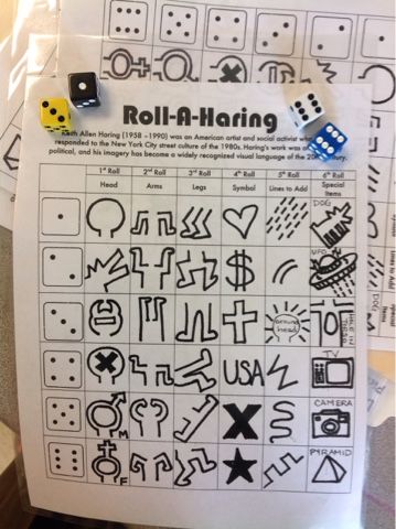 Roll-A-Haring Dice Game | LCMS ART BLOG Roll A Keith Haring, Roll A Dice Drawing Games, Dice Drawing, Lake Crafts, Summer School Art, Art Homeschool, History Games, Gull Lake, Montessori Art