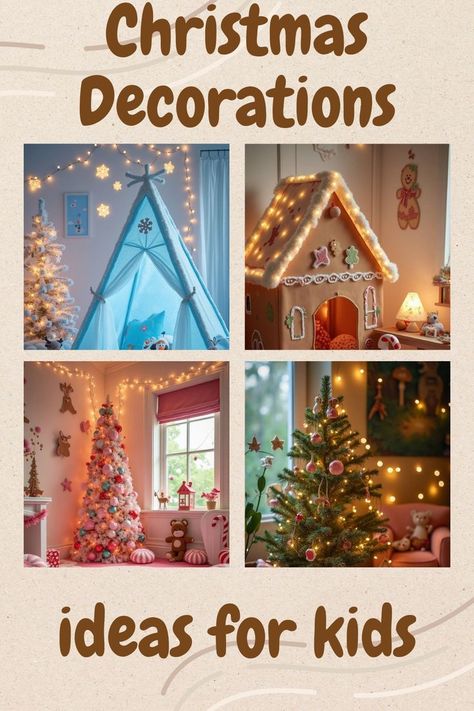 An image showcasing a variety of creative Christmas decoration ideas for kids, featuring cozy and playful setups with colorful trees, gingerbread houses, and whimsical elements that light up the holiday season. Kids Room Christmas Decor Ideas, Kids Room Christmas Decorations, Christmas Decor Ideas For Kids Room, How To Make Christmas Magical For Kids, Kid Friendly Christmas Decor, Toddler Friendly Christmas Tree, Playroom Christmas Decor, Kids Room Christmas Decor, Kids Room Christmas