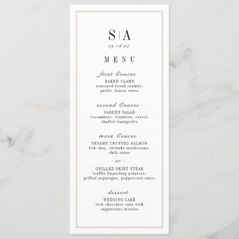 $2.75 | Sophisticated monogram minimalist wedding #weddingmenu #simple #classic #sophisticated #minimalist #modern #floral #blackandwhite #monogram #neutral Wedding Buffet Menu, Menu Minimalist, Wedding Food Menu, Elegant Wedding Menu, Couples Monogram, Wedding Menu Template, Wedding Menu Cards, Menu Card, Wedding Desserts