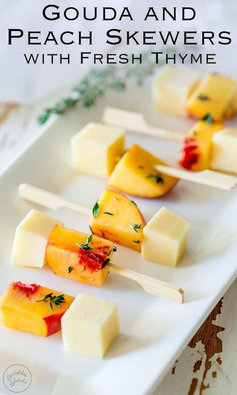 These Gouda and Peach skewers are a take on the 80's party classic cheese & pineapple. Sweet fruit, savory cheese, all in small cubes that make it so easy to eat. These fruit skewers are perfect for a party! And the fresh thyme gives these gouda and peach skewers something a little bit different. Something that will surprise and delight and something your guests will remember! Recipe by Sprinkles and Sprouts | Delicious Food for Easy Entertaining #partyfood #fruitskewers #peaches #fruitkebab Peach Skewers, Nye Appetizers, Food Skewers, Fruit Kebabs, 80's Party, Savory Cheese, Fruit Skewers, Sweet Fruit, Summer Appetizer