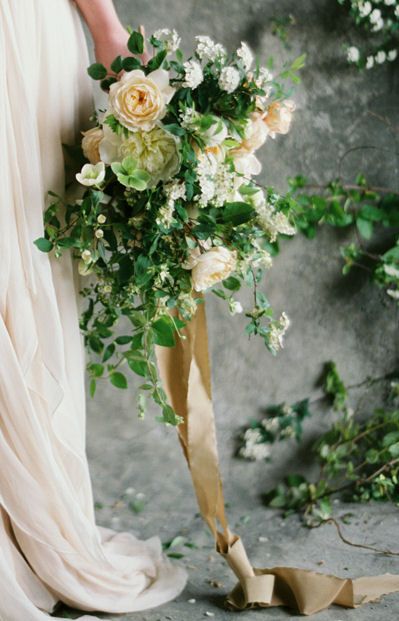 Cascading lines and plenty of foliage, finished with an antique gold ribbon for just a dash of color Summer Bridal Bouquet, Modern Bridal Bouquets, Fall Bridal Bouquet, Bridal Bouquet Summer, Cascade Bouquet, Tahoe Wedding, Bouquet Inspiration, Champagne Wedding, Beautiful Flower Arrangements