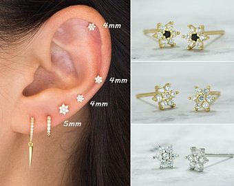 Tiny & Dainty Flower Shaped 4 CZ Stud Earrings | Etsy Earring Ideas For 4 Holes, Second Hole Piercing Ideas, Second Stud, Top Ear Piercing, Second Ear Piercing, Stacking Earrings, Earring Stacks, Second Hole Earrings, Small Earrings Gold