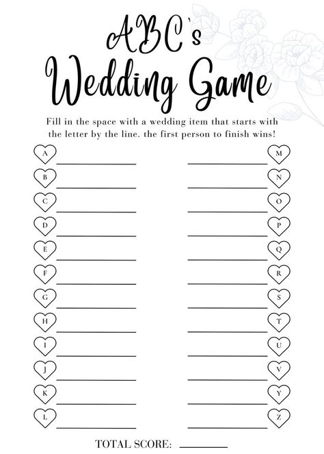 'ABC's Wedding Game'. A fun challenge that's sure to get everyone thinking and laughing. Great for any bridal shower gathering! Games Bridal Shower Ideas, Unique Bridal Shower Games, Bridal Party Games, Shower Tips, Wedding Game, Bridal Shower Activities, Bridal Shower Planning, Contemporary Bridal, Bridal Shower Printables