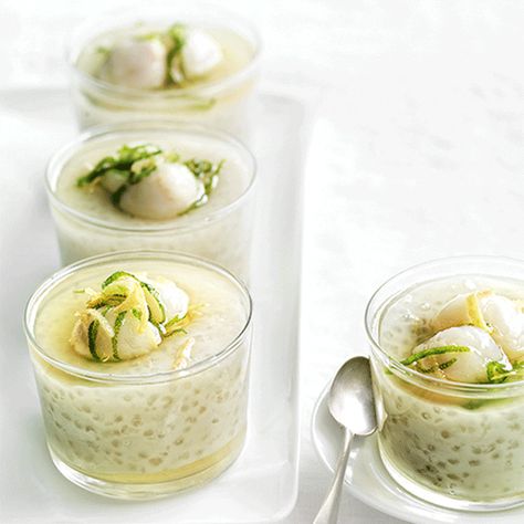 Sago & Coconut Pudding with Lychees recipe Sago Pudding Recipe, Lychee Recipes, Chinese Sweets, Sago Pudding, Sago Recipes, Asian Treats, Cookware Set Best, Vegan Pudding, Cooking Chinese Food