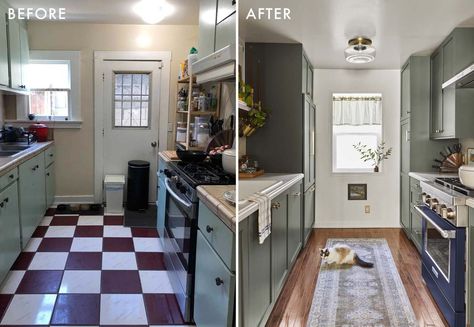 Sara's Galley Kitchen "Update" Turned Into A Full Renovation (And The Result Is Well Worth The Wait) - Emily Henderson Galley Kitchen With Table, Kitchen With Table, Custom Wood Cabinets, Galley Kitchen Design, Clad Home, Kitchen Bar Table, Green Kitchen Cabinets, Diy Kitchen Renovation, Kitchen Counter Decor