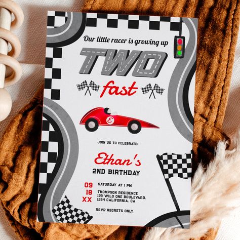 2 Fast Too Furious Birthday, Two Fast Birthday Party Boy Invitation, Cars Second Birthday, Two Fast Birthday Invitation, Growing Up Two Fast, Two Fast Birthday, Racing Theme, Cars Birthday Invitations, 2nd Birthday Boys