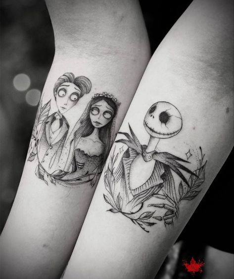 Skeleton Couple Tattoo, Corpse Bride Tattoo, Tattoo Nightmares, Tim Burton Tattoo, Nightmare Before Christmas Tattoo, Tarot Card Tattoo, Christmas Tattoo, Brides With Tattoos, Forearm Tattoo Design