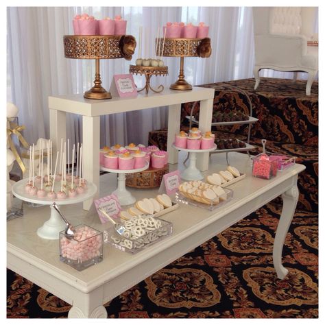 Blush gold and white -️sweet bar -bridal shower - Bridal Shower Desserts Table, Red Baby Shower, Half Birthday Party, Bridal Shower Desserts, Princess Birthday Party Decorations, Pink Desserts, Baby Shower Deco, Diy Table Decor, Princess Tea Party