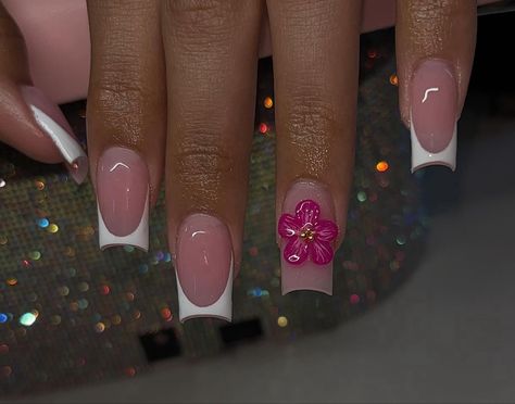 Nails With Fake Flowers, Coffin French Tip With Flowers, Nail Ideas With 3d Flowers, Pink French Tip Birthday Nails, French With 3d Flower Nails, Pink 3d Flower Nails Short, Spring French Tip Designs, Short Square Hibiscus Nails, Nail Inspo 3d Flower