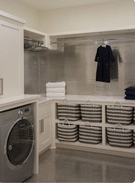 Contemporary Laundry Room, Laundry Room Tile, Laundry Room Storage Shelves, Small Laundry Room Organization, Room Storage Diy, Basement Laundry Room, Basement Laundry, Laundry Room Layouts, Farmhouse Laundry Room