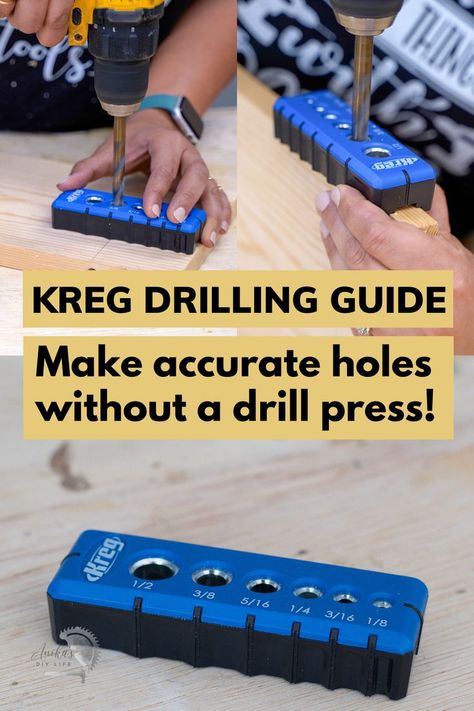 Learn all about the new KREG DRILLING GUIDE, to make accurate holes without a drillpress, along with 7 other new Kreg woodworking tools to help you work easier in your workshop! #anikasdiylife Joinery Tools, Kreg Tools, Drill Guide, Woodworking Joinery, Beginner Woodworking Projects, Drill Press, Deck Furniture, Wood Working For Beginners, Diy Life