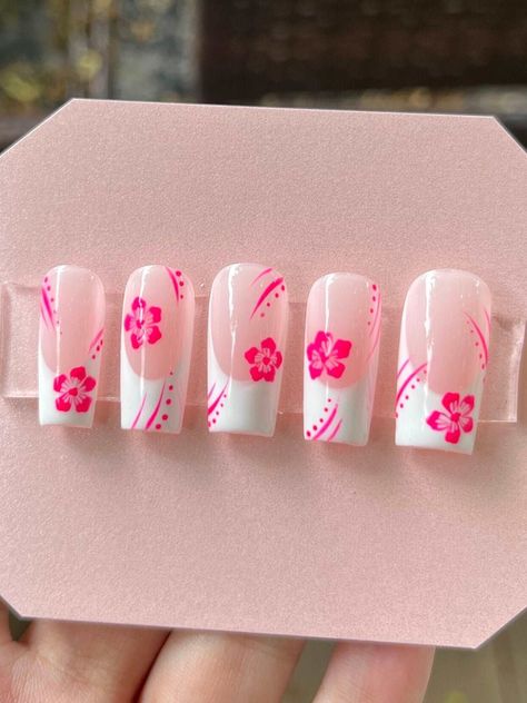 Add a tropical touch to your style with our Pink Hawaiian Flower French Tips Press On Nails. These reusable handmade nails feature vibrant floral designs for a summery look. 📦 What comes with your press on nail kit? 10 nails of your size 24 adhesive tabs 1 nail file 1 cuticle stick Instructions on how to apply and remove them. Finding Your Size:Check out our sizing chart or Visit our sizing tutorial here: Sizing DirectionsNot sure about the size? It’s better to go a bit bigger – you can always Flower French Tips, Hawaiian Nails, Press On Nail Kit, Handmade Nails, Tropical Nails, Hawaiian Flower, French Tips, Summer Nails Colors, Birthday Nails