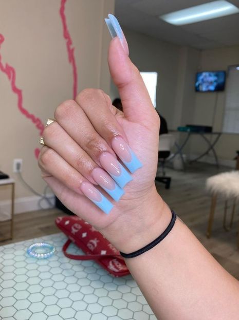 Bf Nails, Blue Nails Acrylic, Nail Aesthetic, Nail Board, Acrylic Nail Set, Ombre Acrylic Nails, French Acrylic Nails, Blue French, Long Acrylic