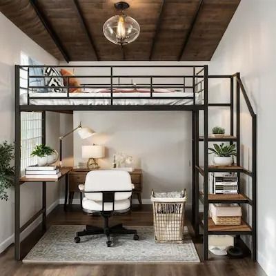 Loft Beds - Bed Bath & Beyond Built In Desk And Shelves, Storage Ladder, Boys Dorm Room, Wall Panels Bedroom, Loft Bed With Desk, Frame Bed, Wardrobe Black, Bed With Desk, Black Bed