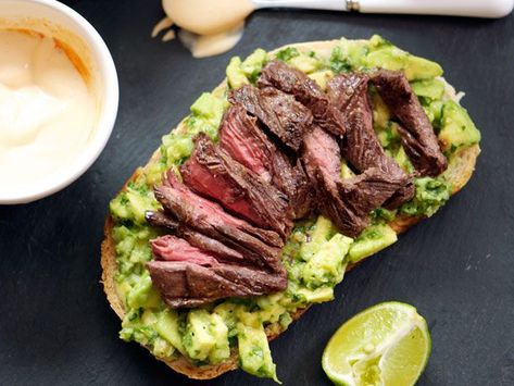 Toasted bread, grilled steak, velvety avocado, and cool spicy crema make this an incredibly satisfying sandwich. Steak Avocado, Spicy Crema, Breakfast Avocado, Grill Sandwich, Leftover Steak, Avocado Sandwich, Big Breakfast, Steak Sandwich, Grilled Steak